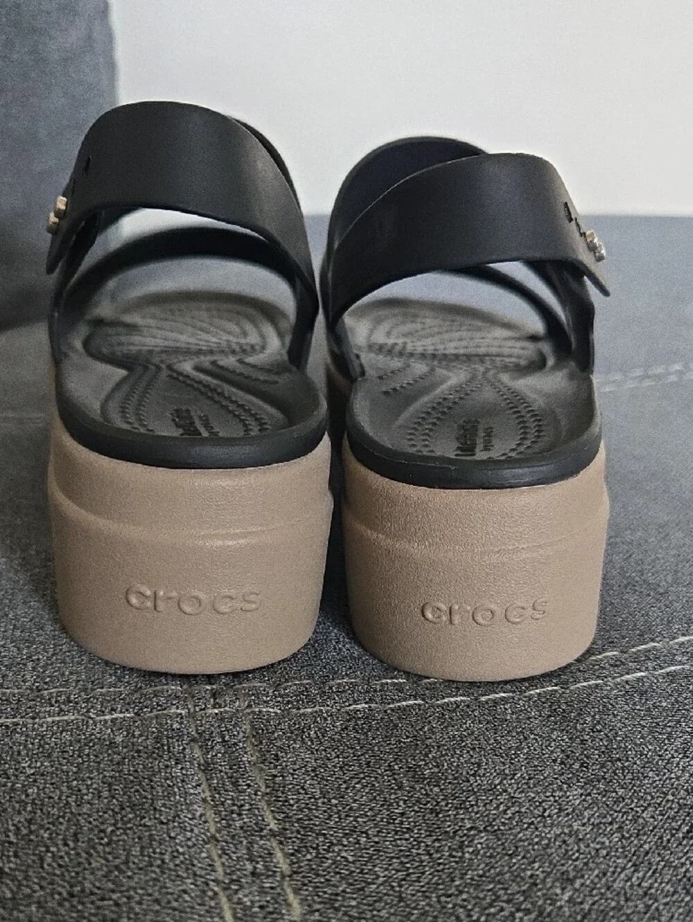 Crocs Brooklyn Low Wedge Sandal In Black And Tan